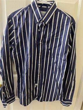 Teddy Stratford Zip Fit size 2 Men's Navy and White Vertical Stripe Dress Shirt
